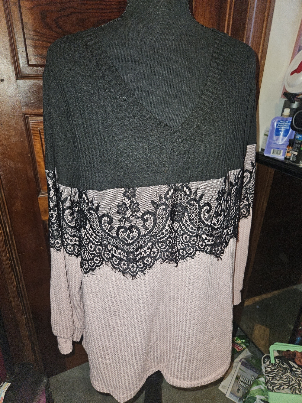 BloomChic Black & Blush Lace-Trim V-Neck Sweater